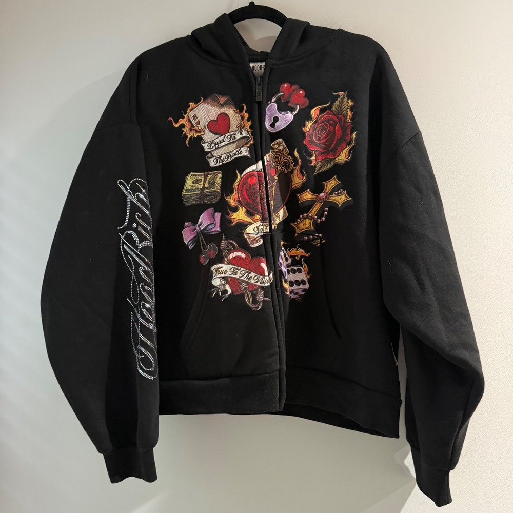 Hoodrich Zip Hoodie Mens XL Black Tattoo Graphic Rhinestone Sleeve Excellent